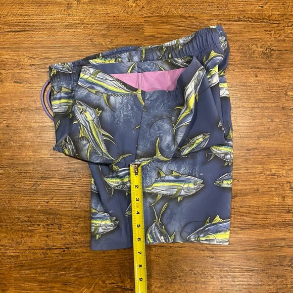 Psycho Tuna Blue Fish Print Vacation Beach Pool Swim Trunks Shorts 6" Men's Med - Picture 7 of 7